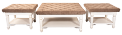 Tufted Ottoman Table Set – Beige Velvet Top & White Wooden Frame