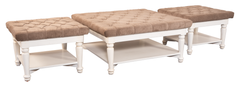 Tufted Ottoman Table Set – Beige Velvet Top & White Wooden Frame