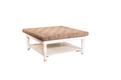 Tufted Ottoman Table Set – Beige Velvet Top & White Wooden Frame