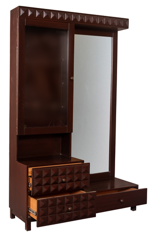 Brown matte Keeker Wood and HDF Board dressing table with full-length mirror and multiple storage drawers