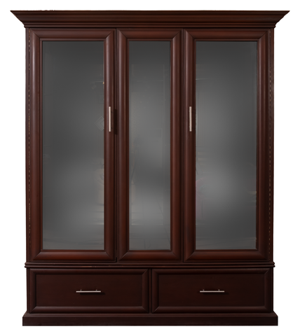 Elegant Wooden Display Cabinet with Glass Doors & Drawers – Matte Brown Finish