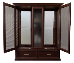 Elegant Wooden Display Cabinet with Glass Doors & Drawers – Matte Brown Finish