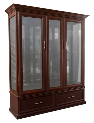 Elegant Wooden Display Cabinet with Glass Doors & Drawers – Matte Brown Finish