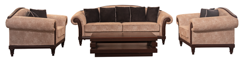 Graceful Curve Wooden Sofa Set – Beige Upholstery & Rolled Armrests