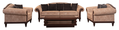 Graceful Curve Wooden Sofa Set – Beige Upholstery & Rolled Armrests