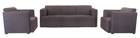 Azure Harmony Wooden Sofa Set – Grey Upholstery & Blue Accent Cushions