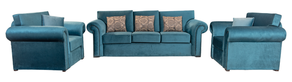 Blue Comfort Wooden Sofa Set – Velvet-Like Upholstery & Rolled Arms
