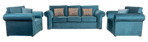 Blue Comfort Wooden Sofa Set – Velvet-Like Upholstery & Rolled Arms
