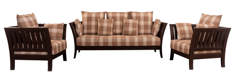 Country Style Wooden Sofa Set – Plaid Upholstery & Plush Comfort