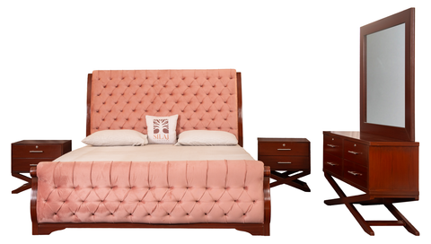 Modern 4-Piece Tufted King Size Bedroom Set in Blush Pink and Mahogany