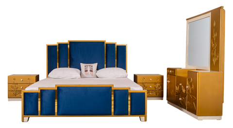 Royal Blue & Gold 4-Piece Velvet Bedroom Set