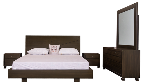Modern Walnut Platform Bed with Dresser & Mirror