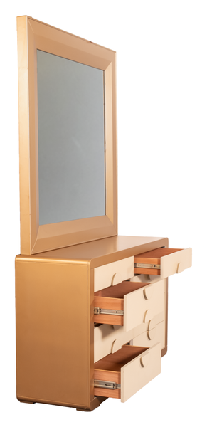 Ivory Luxe Bedroom Set – Tufted King Bed, Mirror Dresser & Side Tables in Golden Offwhite Finish