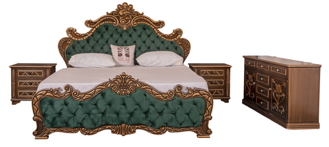 Regal Green Tufted Bedroom Set – King Bed with Carved Dresser & Side Tables