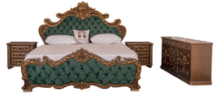 Regal Green Tufted Bedroom Set – King Bed with Carved Dresser & Side Tables