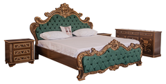 Regal Green Tufted Bedroom Set – King Bed with Carved Dresser & Side Tables