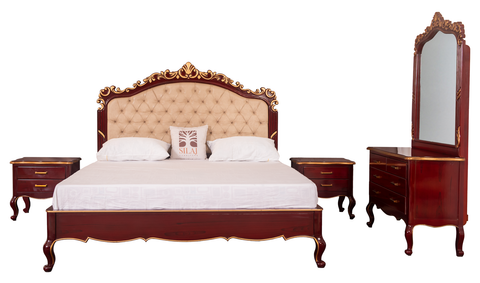 Classic Royal Bed Set – Tufted Headboard, Carved Legs & Bargandi Finish