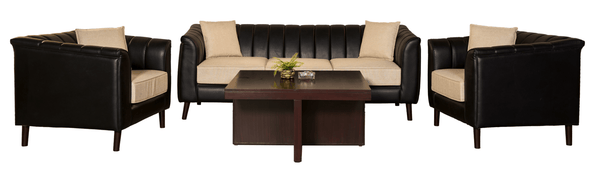 Black Leatherette Sofa Set – Sophisticated Comfort in Tooth & Keekar Wood Frame